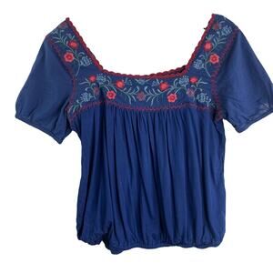 Lucky Brand Blue Floral Embroidered Mexican Bohemian Blouse Size Medium